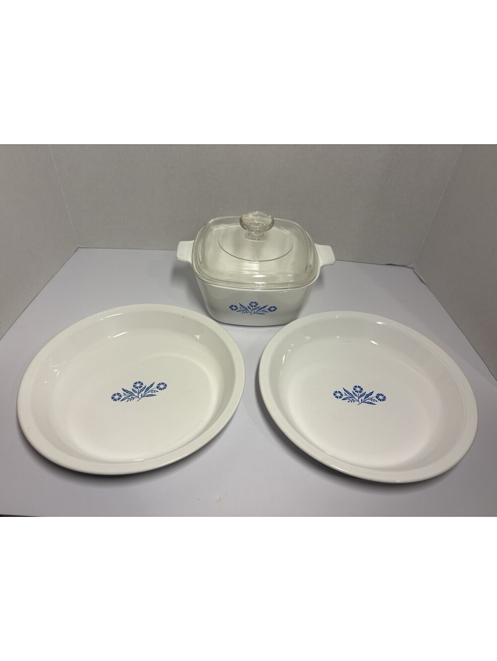 Corning Ware Blue Cornflower 1 3/4 QT Cass P-1 3/4-B W/Lid 2 9" Pie Plates P-309